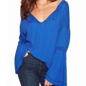 Free People Blue Bell Sleeve Thermal Top Size L Boho Knit Blouse
